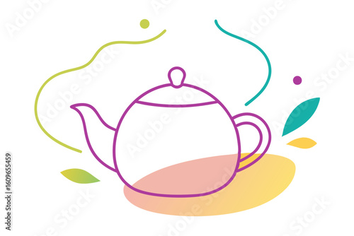 Steaming Teapot Line Drawing with Floating Tea Leaves Art