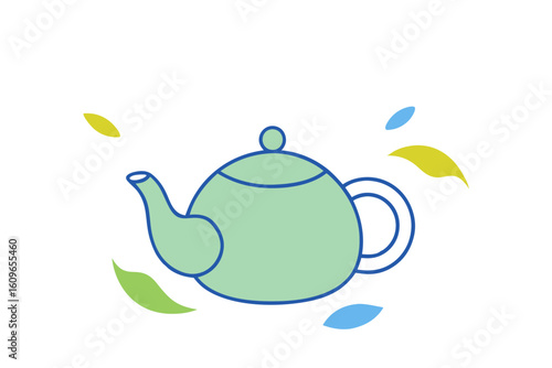 Vibrant Teapot Line Art with Steam and Tea Leaves for Beverage Design