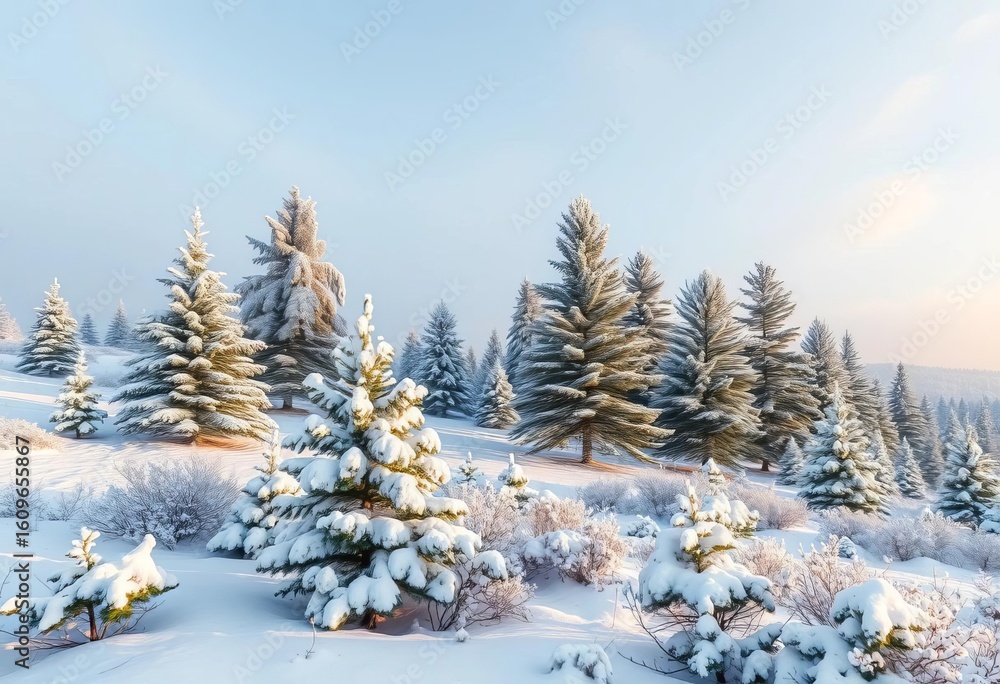 Obraz premium Snow-dusted pines blanket a tranquil winter countryside, Christmas spirit in the air, idyllic, pine trees