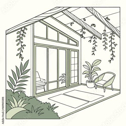 Illustration of a sunroom with plants, a chair, rugs, and large windows under a wooden beamed ceiling