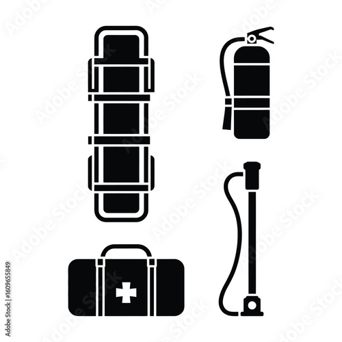 First responder equipment icons in silhouette vector including stretcher, extinguisher, rescue bag, and fire pole