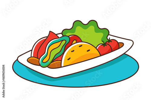 Grilled Beef Fajitas with Tortilla in Mexican Line Drawing