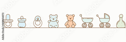 Cute Baby Items in a Row Pacifier Bottle Rattle Teddy Bears and Strollers for Nursery Decorations or Baby Shower Invitations
