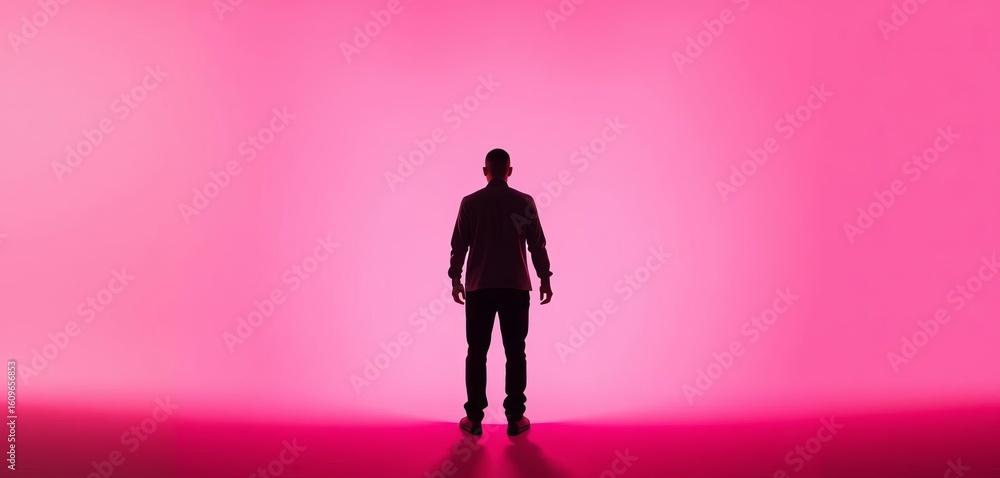 Fototapeta premium Solitary figure, back to camera, against bright background, white, human form