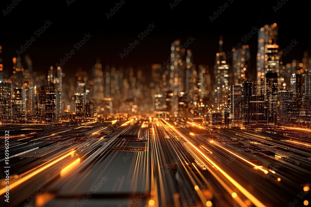 Obraz premium A futuristic cityscape at night with glowing light trails creating a dynamic, high-tech atmosphere and blurred illuminated skyscrapers in the background.