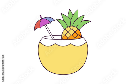 Tropical Piña Colada in Coconut Vector with Pineapple Garnish