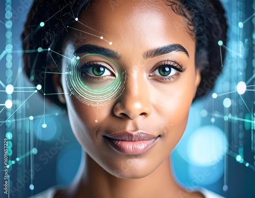 Close-up of a woman with a futuristic facial scan overlay