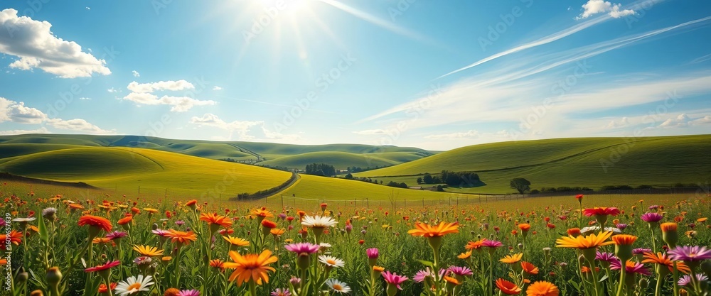 Fototapeta premium Sun-drenched field of wildflowers, rolling green hills under a vibrant blue sky, growth, farmland