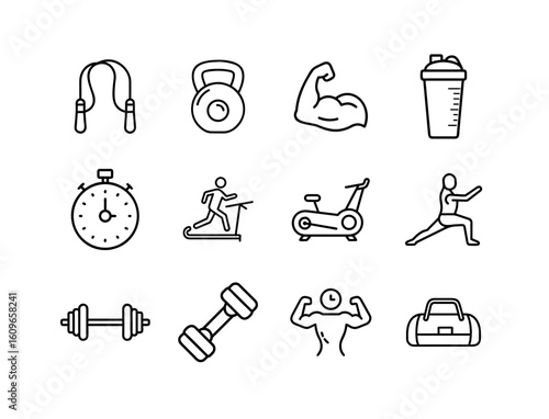Fitness and gym black glyph icon set with workout, cardio, strength training, dumbbells, treadmill, and active lifestyle symbols PNG