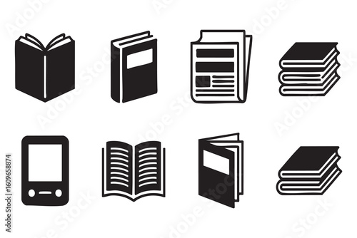 Open and closed books stacked and single plus a newspaper and electronic reader open book stack of books