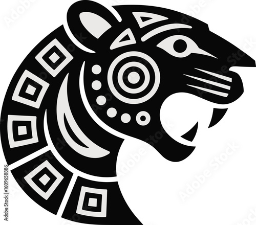 Intricate black and white jaguar head vector illustration showcasing mayan inspired geometric designs and cultural elements
