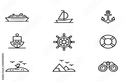 Nautical symbols cruise ship sailboat anchor ship wheel life preserver island mountains binoculars