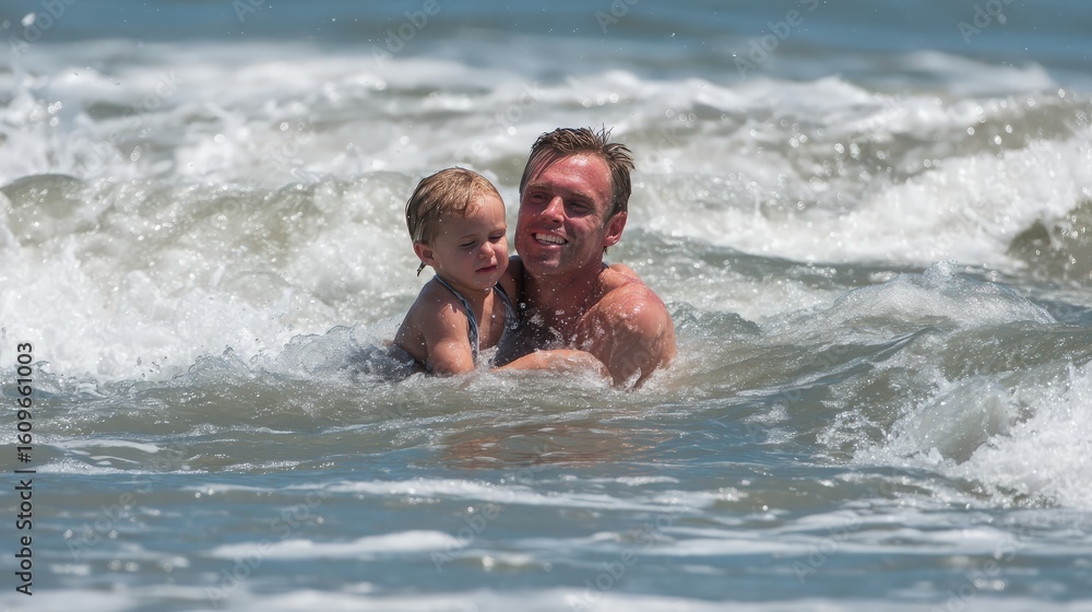 A man and a toddler enjoy playing in the ocean waves on a sunny day, creating a joyful and bonding moment in the water.