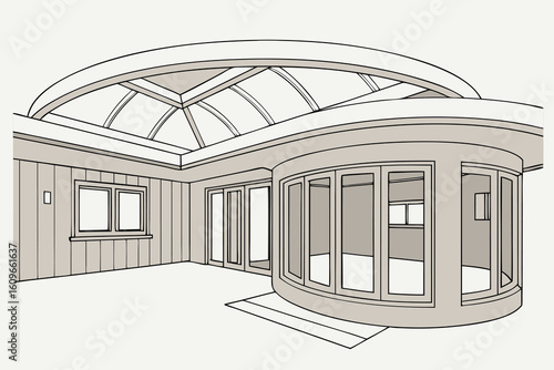 Illustration of a sunroom with a curved glass wall and arched glass roof with a view of the interior
