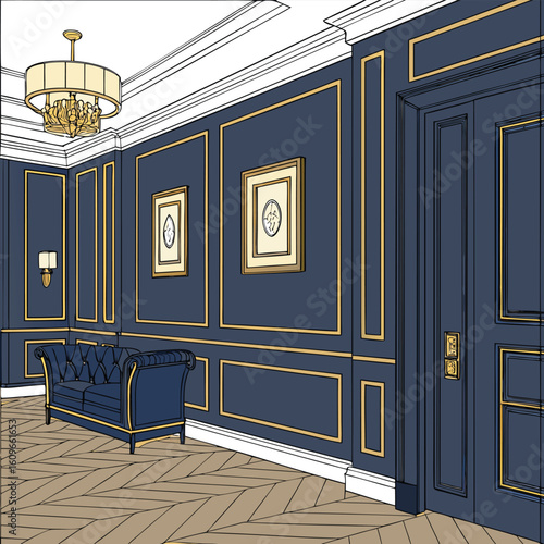 Luxurious interior design featuring deep royal blue velvet upholstery and elegant furniture creating a sophisticated and high end ambiance