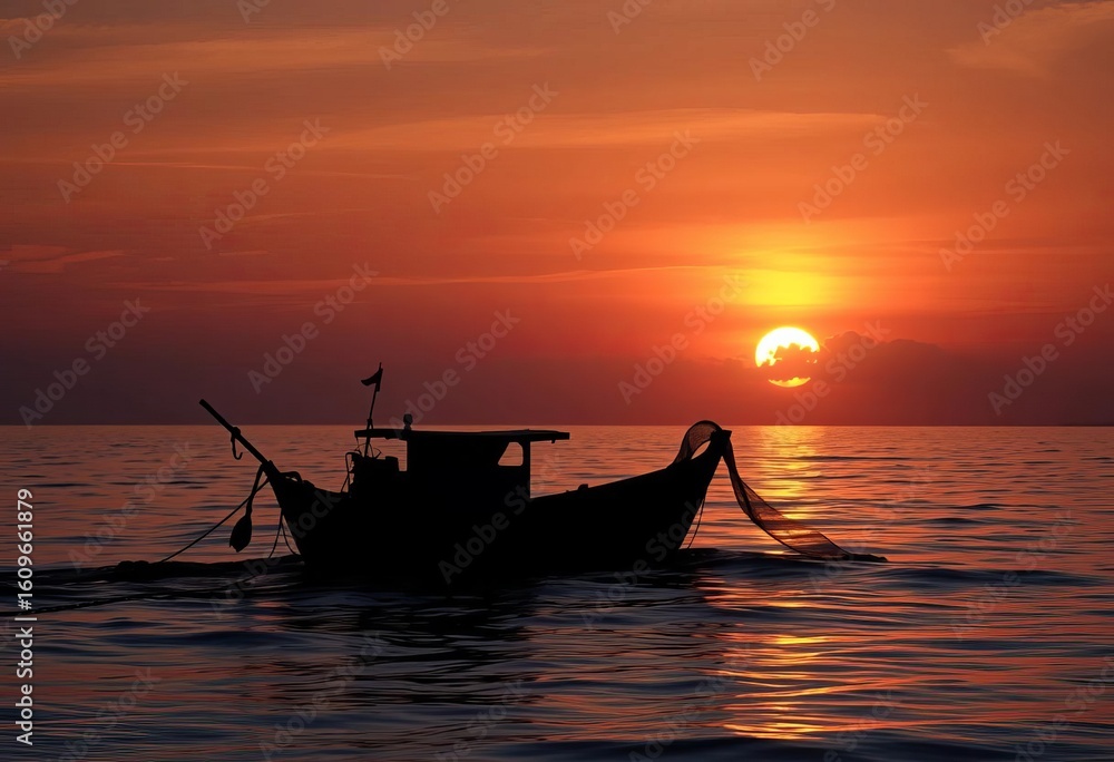 Silhouette of fishing boat and net at sunset, peaceful ocean scene, sunset, twilight Silhouette of fishing boat and net at sunset, peaceful ocean scene, sunset, twilight