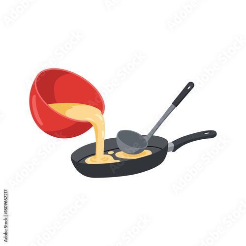 Batter pouring frying pan, red bowl pouring pancake mix with ladle into black nonstick pan in flat cooking vector illustration for kitchen recipe preparation design

