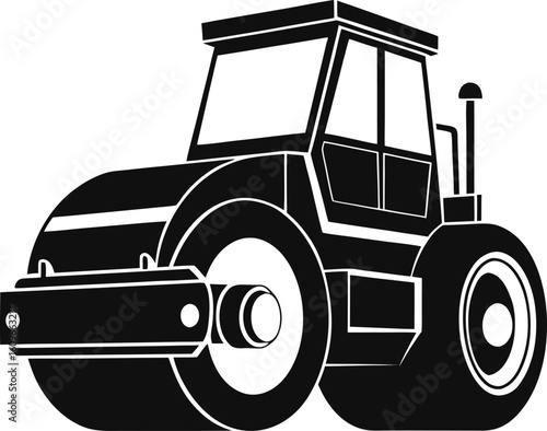 Black and white illustration of a road roller steamroller compactor