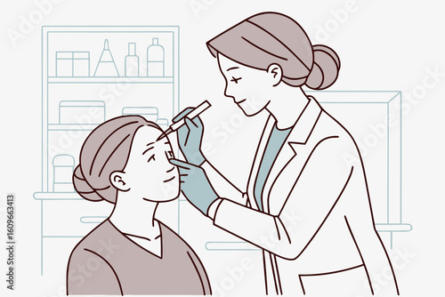 Cosmetologist injects botox into a woman’s forehead in a clinical setting, cosmetic procedure to smooth wrinkles, modern flat illustration style.