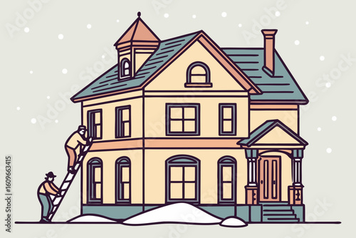 Construction crew works on a historic Victorian home in St. Petersburg, laying tiles as snow falls gently around, modern flat illustration style.
