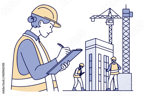 Construction worker writes notes on a clipboard while overseeing a building site, emphasizing attention to detail, modern flat illustration style.