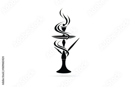 Elegant Black Hookah Silhouette with Swirling Smoke Isolated on White Background for Design Concepts and Relaxation Themes