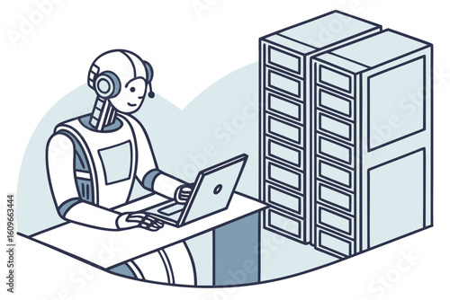 Cyborg robot types on a computer in a server room, representing AI, automation, and futuristic workplace, modern flat illustration style.