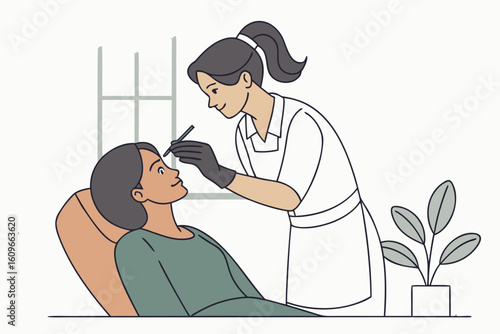 Beautician performs eyebrow lamination procedure on woman, enhancing brow shape and fullness in a salon, modern flat illustration style.