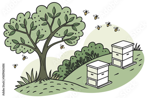 Beehives nestled in an olive grove buzz with flying bees under soft sunlight, showcasing pollination and natural harmony, modern flat illustration style