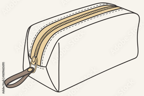 Beige rectangular canvas makeup or toiletry bag with gold zipper and leather loop placed on a clean flat surface, modern flat illustration style.