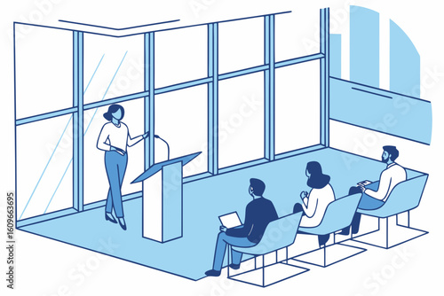 Blurred image of a corporate seminar in a modern office as attendees focus on a business presenter during interactive training, modern flat illustration style