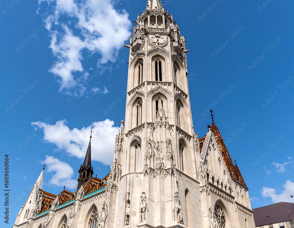 Fototapeta premium Architectural detail of a tall church tower against a vibrant blue sky