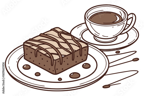 Chocolate brownie drizzled with syrup next to coffee on white, capturing a cozy dessert scene, perfect for food promotions, modern flat illustration style.