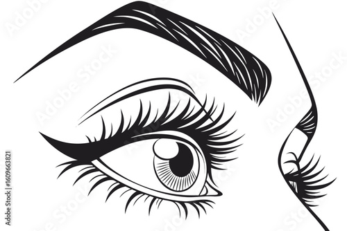 Close-up of a woman’s eye with long black lashes after lamination, showcasing beauty enhancement and precision, modern flat illustration style.