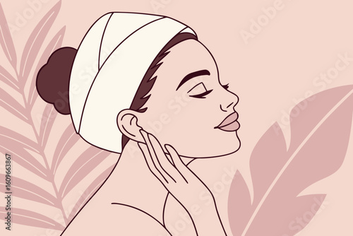 Close-up of radiant Latina woman with soft makeup, gently touching her face, set against a soft pink backdrop for skincare branding, modern flat illustration style.