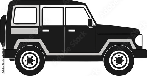 Black off road vehicle with silver accents and spare tire wheels