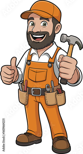 Cartoon handyman character in orange uniform holding hammer and showing thumbs up, smiling repairman mascot perfect for construction, maintenance
