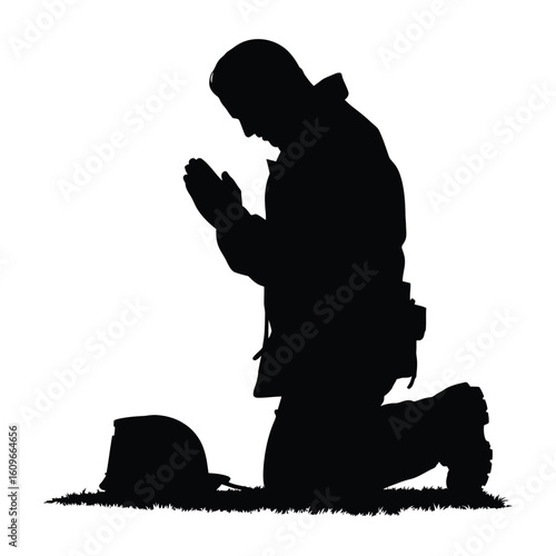 Silhouette of firefighter kneeling in prayer with helmet on ground, tribute concept black and white vector