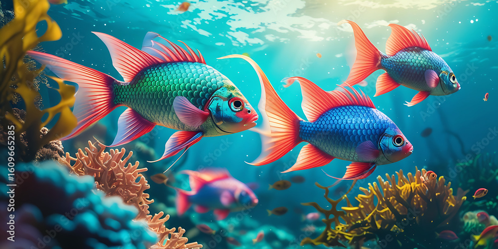 Fototapeta premium Vibrant goldfish swim in a colorful coral reef