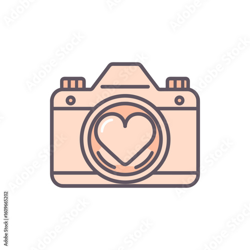 A stylized camera illustration featuring a heart shape in the lens, symbolizing love for photography