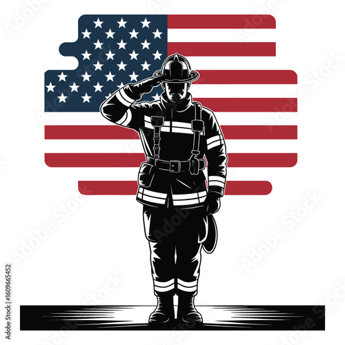 Silhouette of firefighter saluting in front of American flag shape, honor tribute, black and white vector