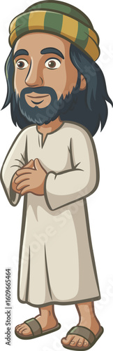Cartoon Middle Eastern man character with beard, traditional robe, and sandals, perfect for historical, biblical, educational, animation, and cultural design themes
