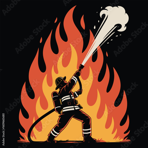 Silhouette of firefighter spraying water on fire with flames outline, black and white vector art