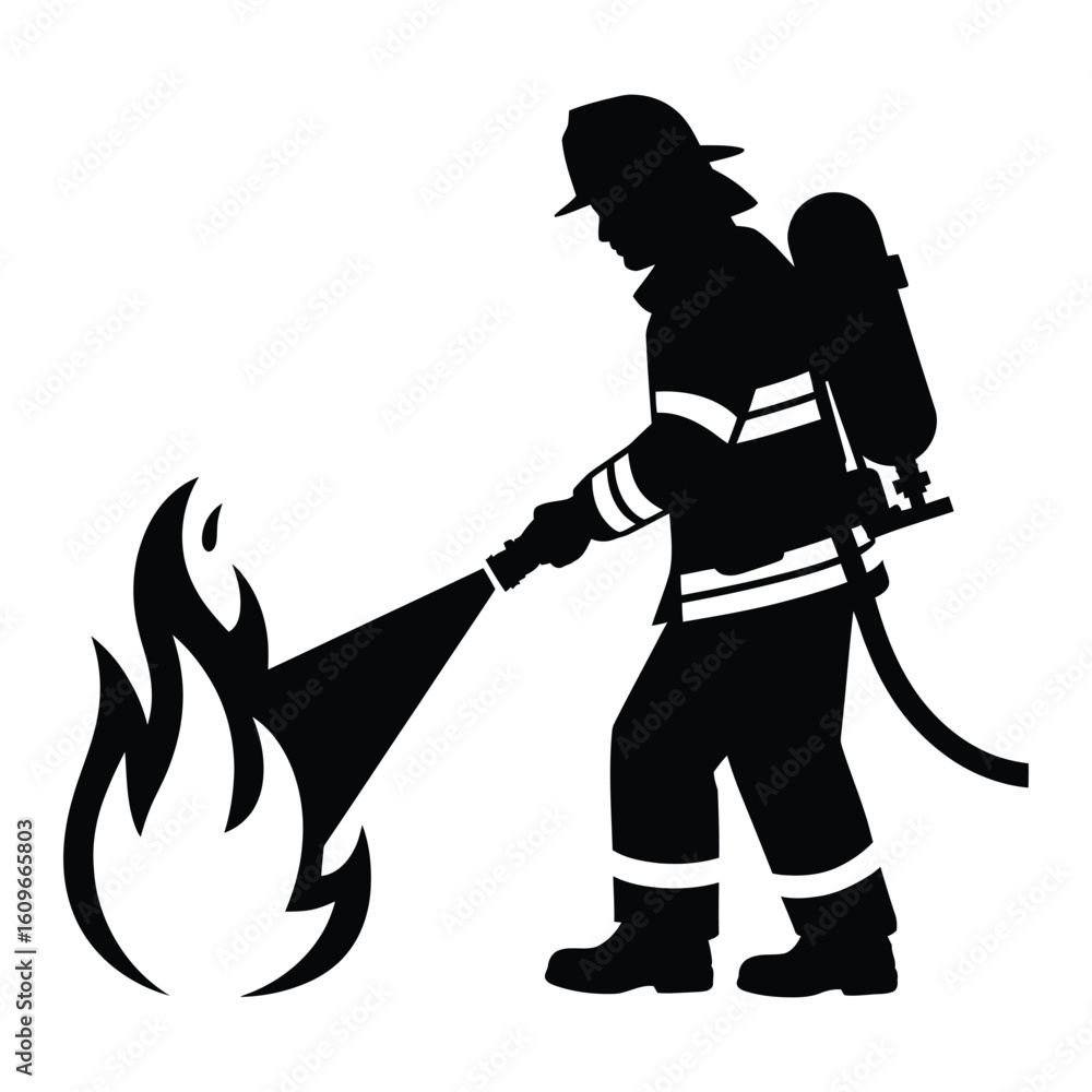 Fototapeta premium Silhouette of firefighter spraying water on fire with flames outline, black and white vector art
