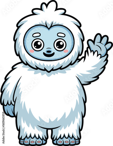 Adorable cartoon yeti character with fluffy white fur, blue face, and big eyes waving hand, perfect for winter, animation, kids, fantasy content