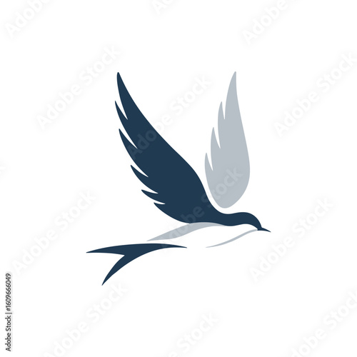 A stylized bird in flight, showcasing graceful wings against a minimalistic background