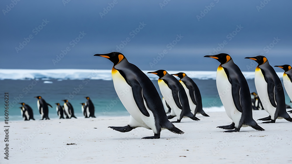 Fototapeta premium Penguin colony walking on beach near shore