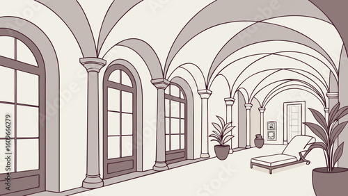 Illustration of an arched hallway with columns windows plants and a lounge chair in a serene setting
