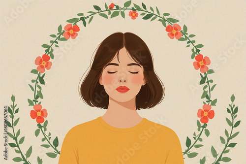 A serene woman meditates peacefully surrounded by a floral garland in a spiritual mindful practice