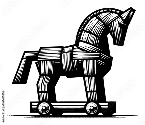 Ancient Wooden Trojan Horse Mythological Warfare Black and White Outline Line Art Drawing Isolated Object